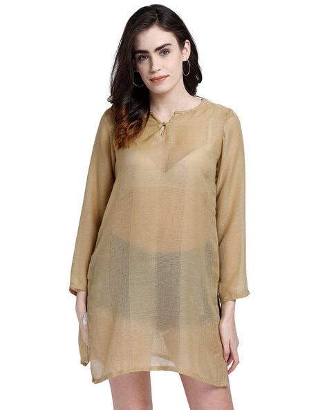A Very Reasonable Priced & Exclusive Cream Tulip Style Kurti For Gathering.  It Is A Printed Tun… | Velvet dress designs, Salwar suit neck designs, Suit neck  designs
