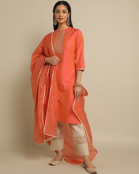 Buy Stylum Orange Bandhani Print Kurti Sharara Set With Dupatta for Women  Online @ Tata CLiQ