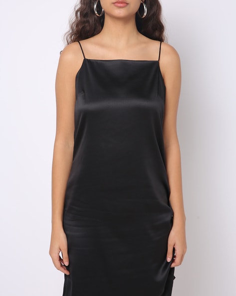 black satin cowl neck slit dress.