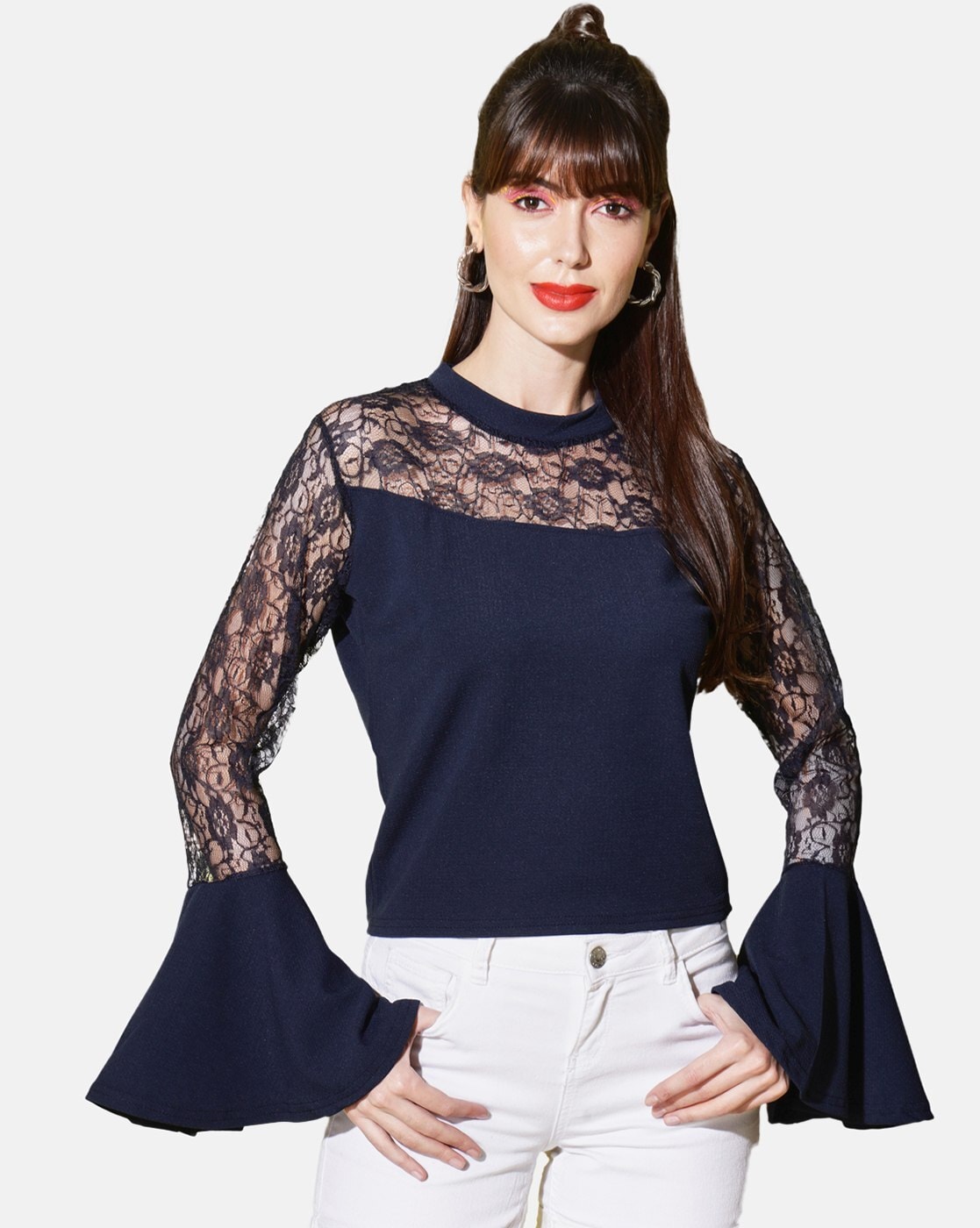 BuyNewTrend Casual Bell Sleeve Solid, Lace Women Black Top - Buy  BuyNewTrend Casual Bell Sleeve Solid, Lace Women Black Top Online at Best  Prices in India