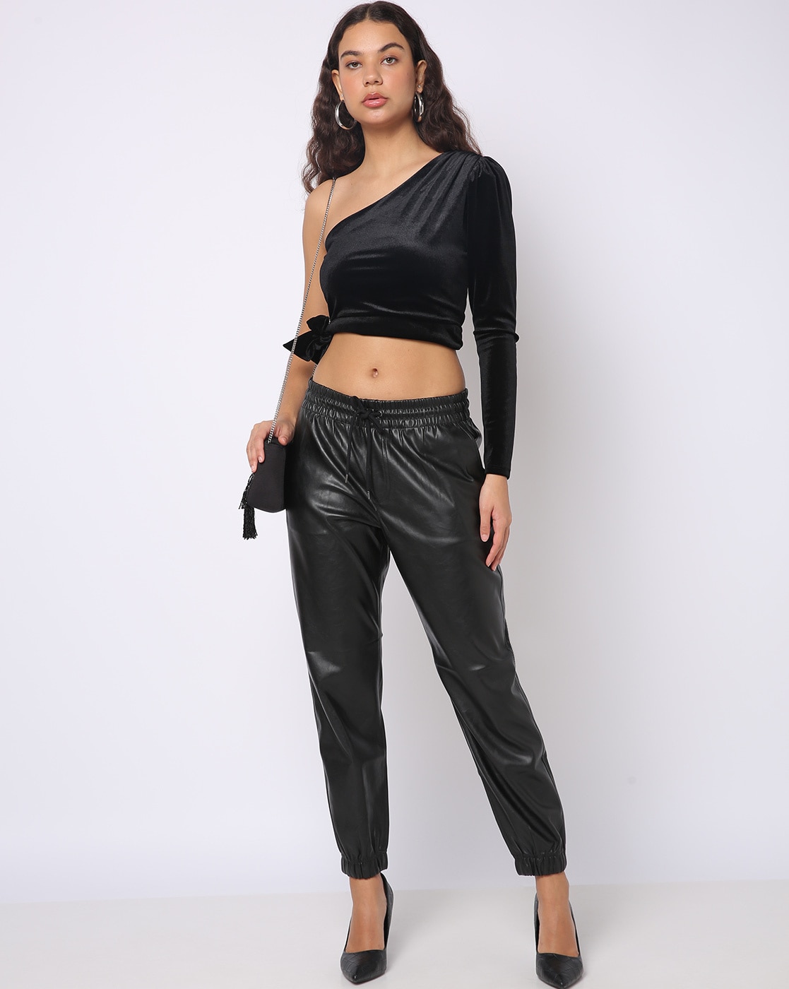 DKNY Black Faux Leather Flare Pants for Women Online India at Darveyscom