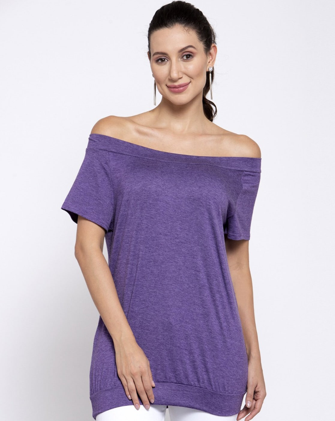 Purple off best sale the shoulder shirt