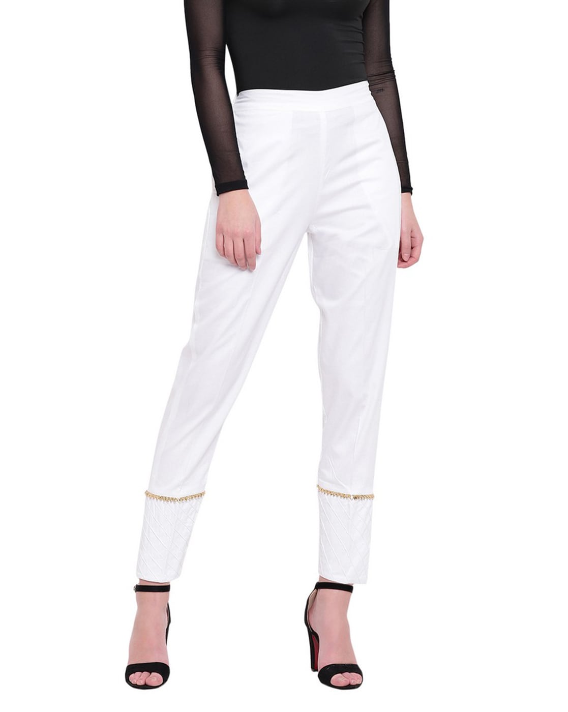 White Ladies Cotton Lycra Straight Pant at Rs 210/piece in Surat | ID:  2850493799088