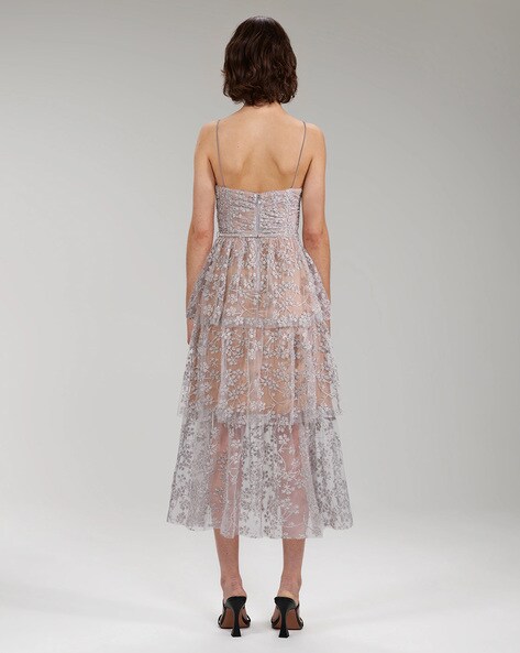 Buy Self Portrait Lace Tiered Midi Dress, Silver Color Women