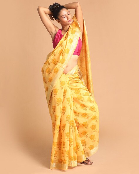 Yellow Lucknowi Work Chanderi Saree