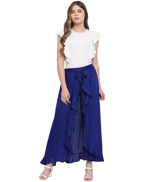 Off White Ruffle Bustier With Denim Embroidered Wide Leg Pants | Payal  Singhal – KYNAH
