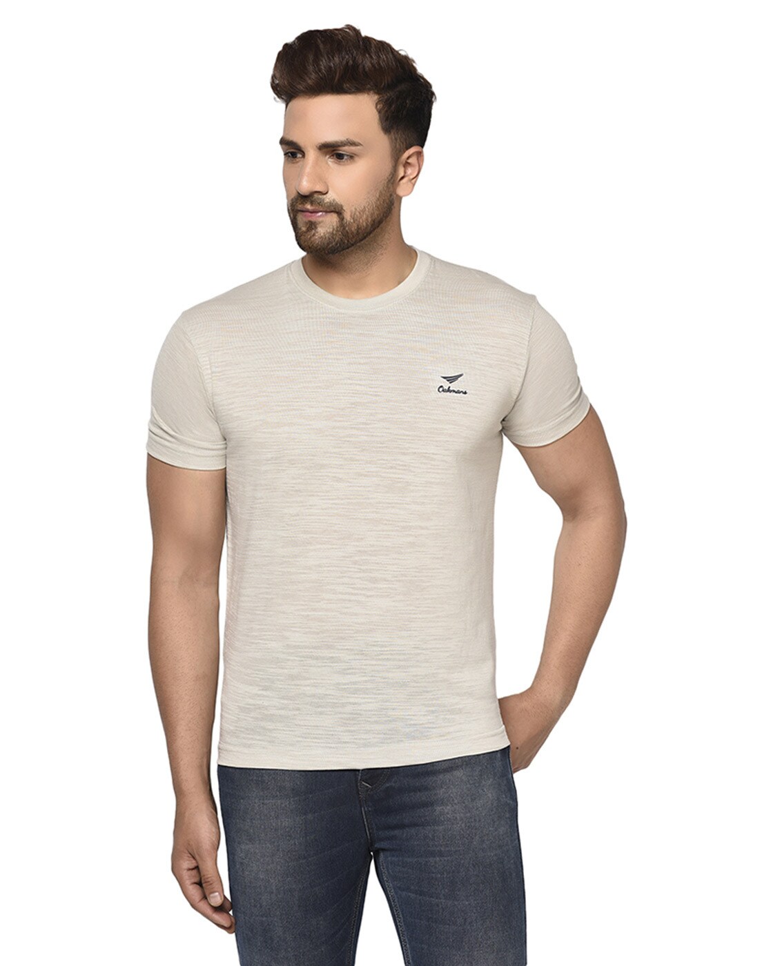 Buy Louis Philippe Men Cream Solid Crew Neck T-Shirt at Redfynd