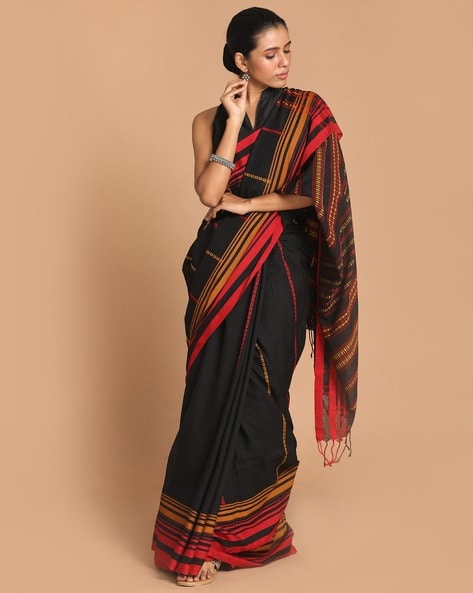 Bengal cotton saree mustard yellow and black with pink zari woven buttas  and pink zari woven border without blouse at 109000 by Prashanti –  Prashanti Sarees