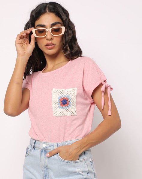 Heathered Round-Neck Top with Crochet Pocket