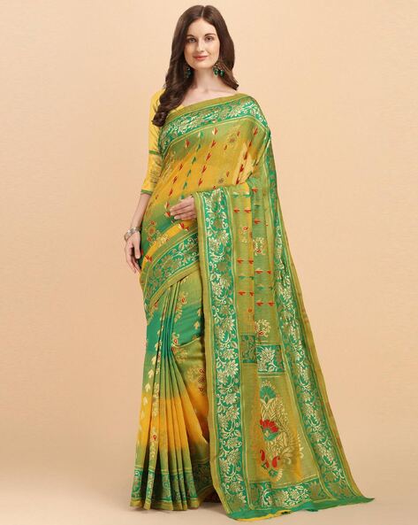 Mira Pattu Cotton Silk Saree with Blouse Piece (Lemon & Green)