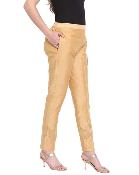 Buy Women's Solid Deep Gold Straight Fit Silk Pant - GoColors
