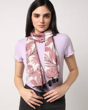 Women Floral Print Scarf with Tassels