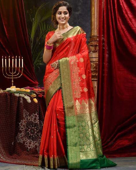 Green/Red Pan India Green saree with red border silk saree at Rs 9769/piece  in Varanasi