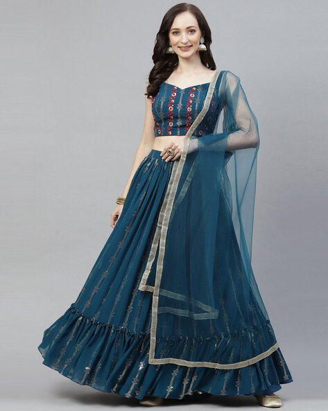 net flared lehenga choli with dupatta