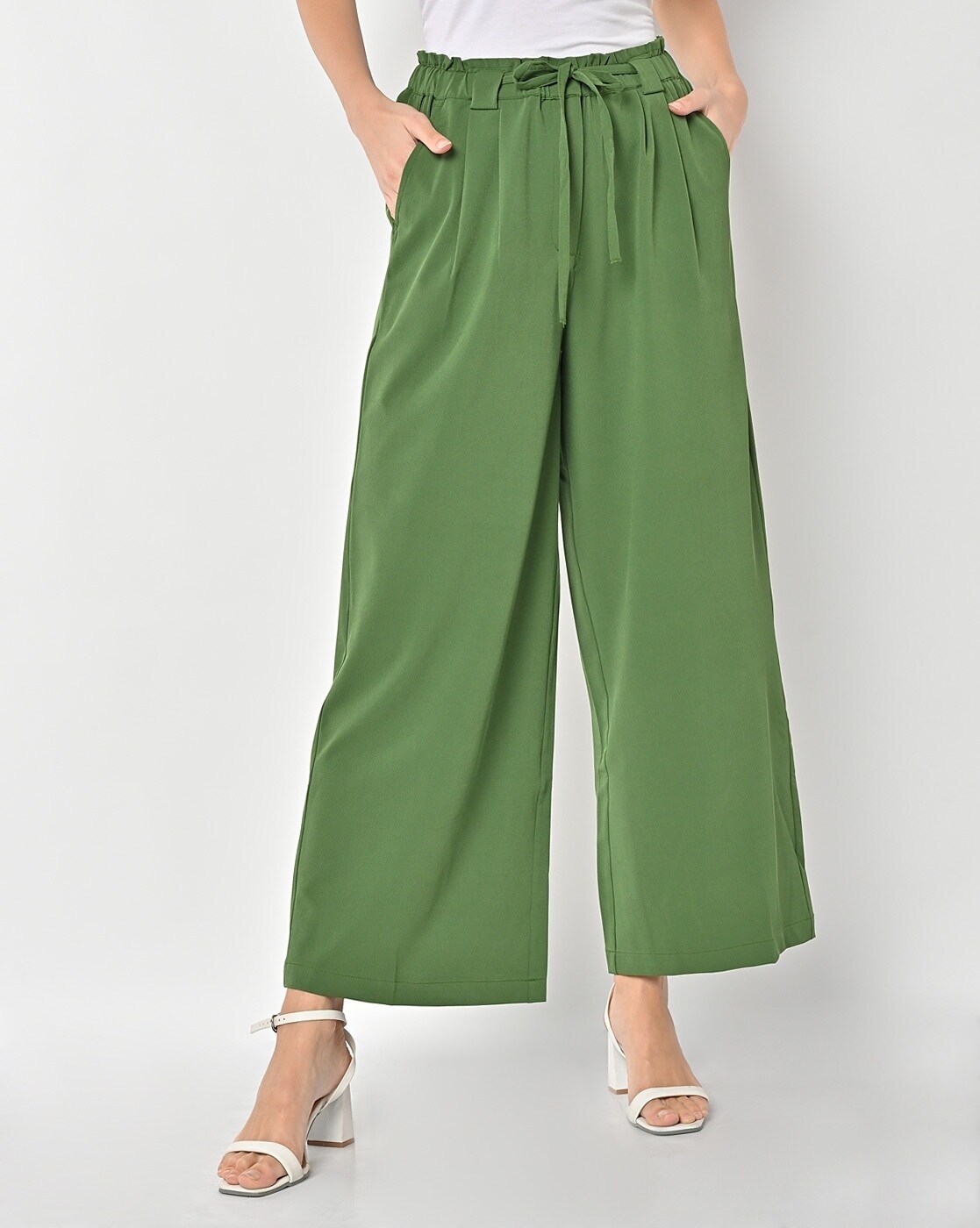 Women Flowy Wide Leg Pants Elastic Waistband Drawstring Casual Palazzo Pants  with Side Pocket Pants Women (Green, XXXL) at Amazon Women's Clothing store