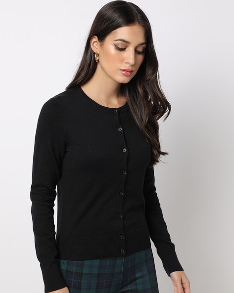 Crew-Neck Cardigan with Ribbed Trim