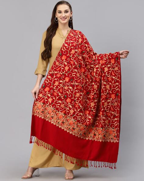 Floral Embroidered Shawl with Tassel Edges Price in India