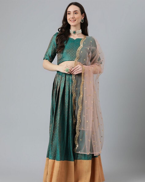 Buy Regina olive green lehenga with a blouse and dupatta.