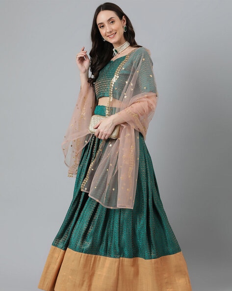 Dark Green Patola Banarasi Handloom Lehenga Set with Hand-embroidered -  Tilfi