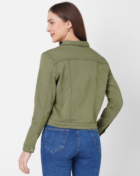 Women Olive Fringed Denim Jacket