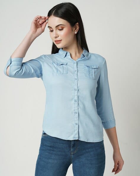 Slim Fit Denim Shirt with Flap Pockets