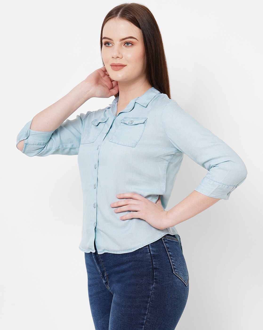 Buy online Long Sleeved Denim Shirt from western wear for Women by Globus  for ₹450 at 70% off | 2024 Limeroad.com