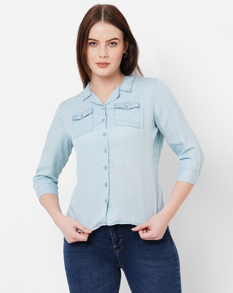 Buyr.com | Blouses & Button-Down Shirts | GUESS Women's Long Sleeve Slim  Fit Denim Snap Shirt, Vega, Extra Small