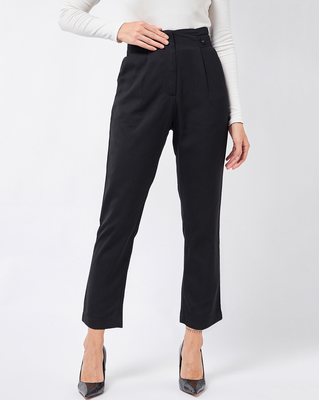 Buy COVER STORY Black Womens Solid Ankle Length Trousers | Shoppers Stop