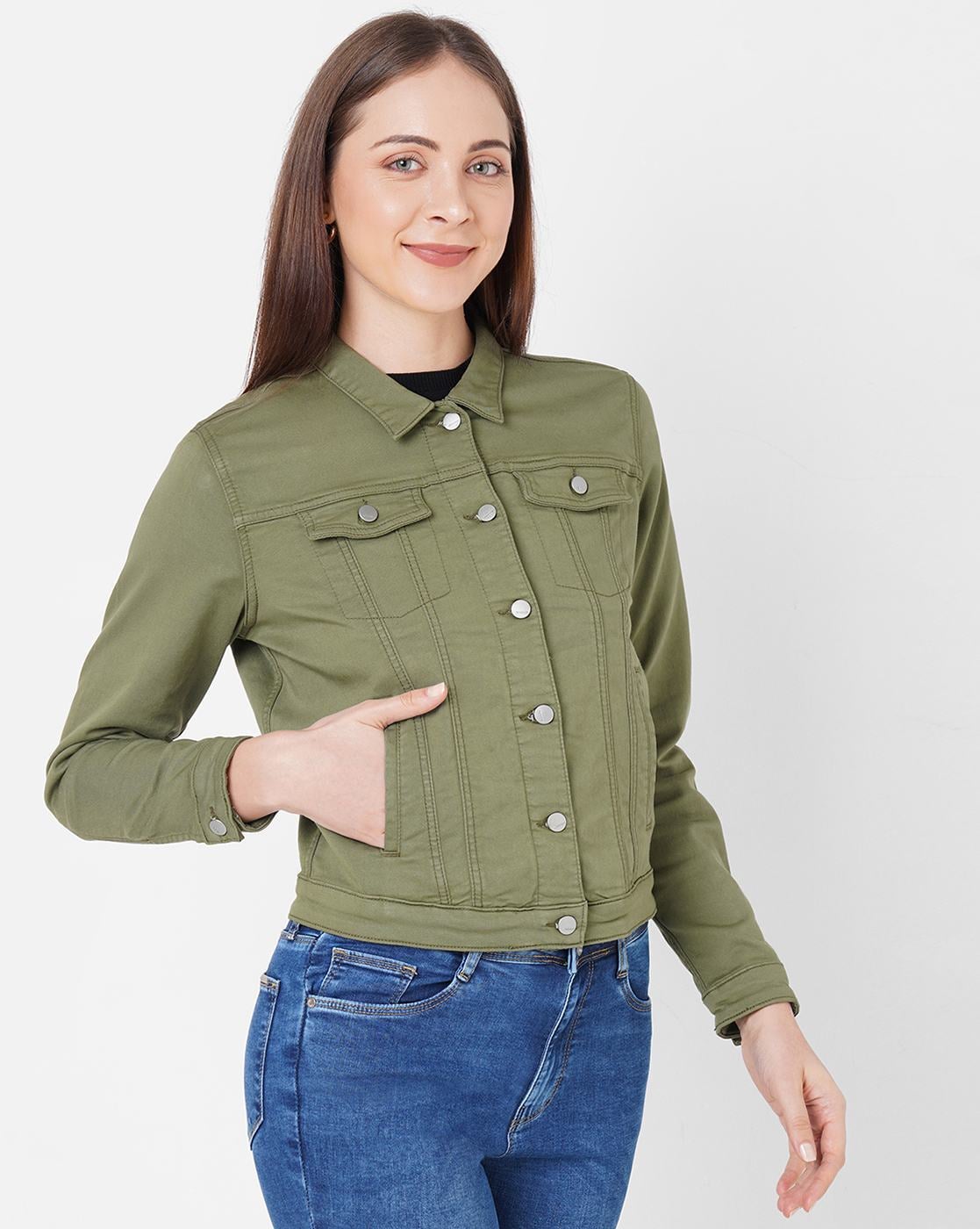 Old Navy Army Green Denim Jean Jacket Trucker Size L Button Front Womens |  eBay