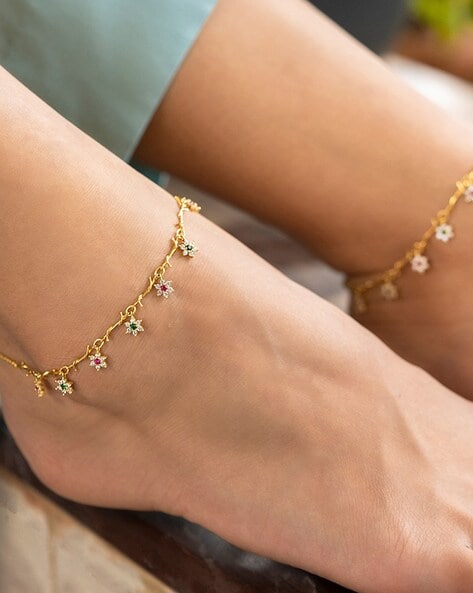 Sterling Silver Gold Plated Stone Studded Anklets