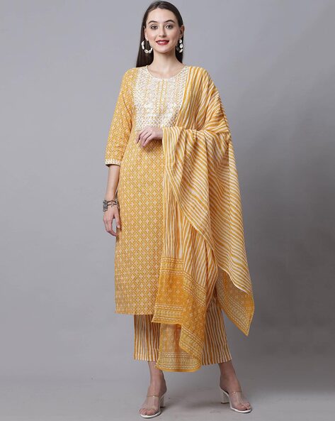 Geometric Print Straight Kurta Suit Set Price in India