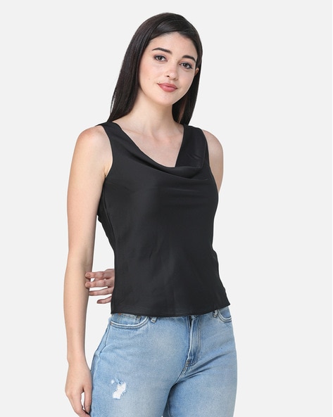 black sleeveless cowl neck top