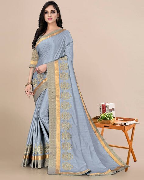 Buy Online Light Grey Saree with Embroidered Border and Saree