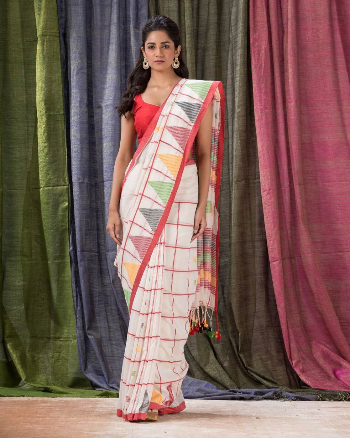 Parisa White cotton silk saree– Lotus Fashion-hautamhiepplus.vn