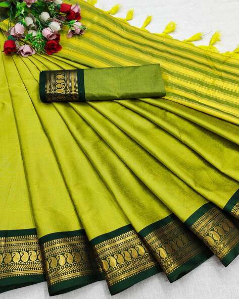 Buy Yellow & Green - Semi Kanchipuram Saree online | Semi Kanchipuram from  ShrusEternity