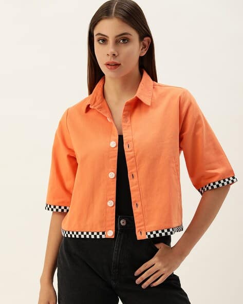 Bene Kleed Checked Cotton Biker Jacket For Women (Orange, S)