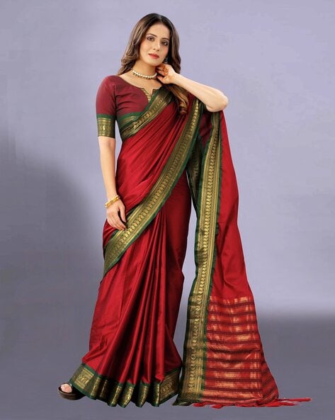 Claasy golden and red silk saree at affordable price – Joshindia