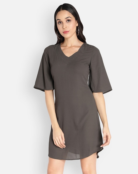 V neck Mini Length Shift Dress