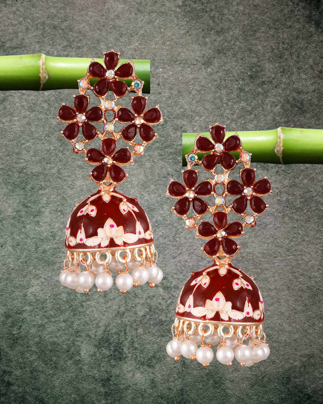 Maroon Kemp Stones Gold Plated Temple Jhumka Earring – Priyaasi