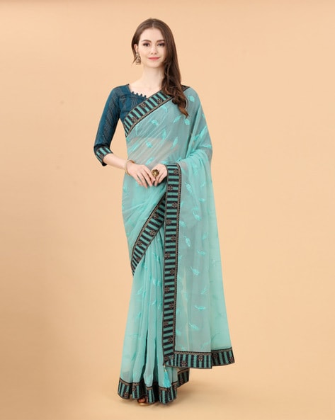 Aqua Blue Saree With Digital Floral Motifs – TrendOye