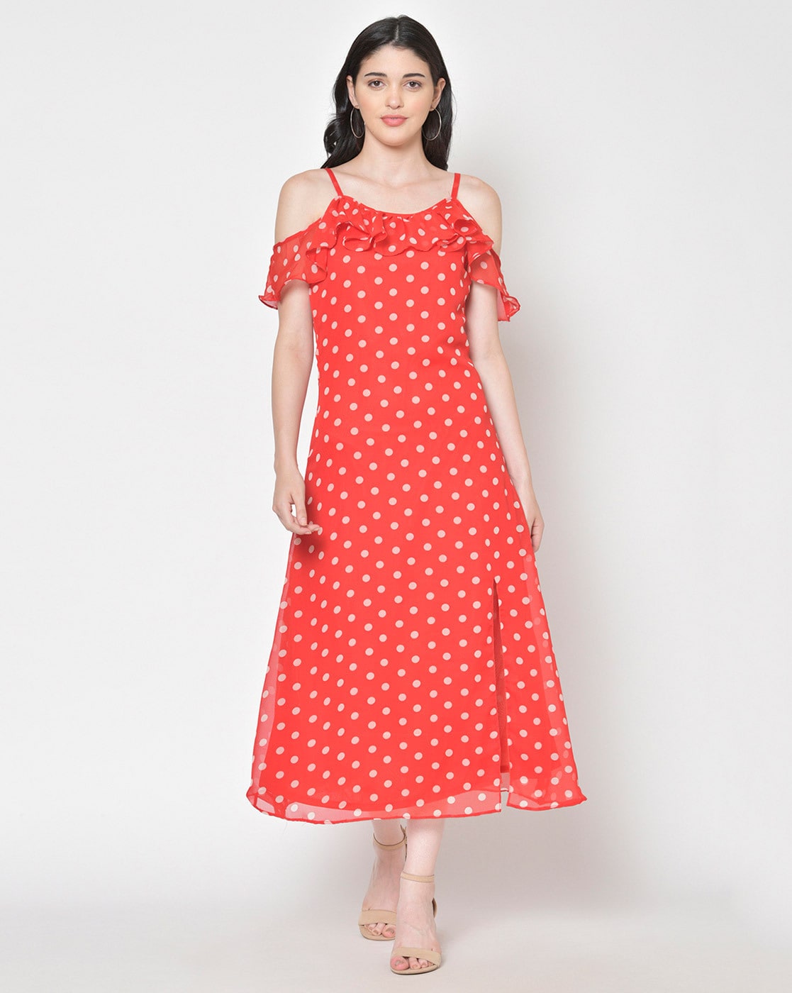 Wine Red 1950s Polka Dots Drop Shoulder Belt Dress | Retro Stage