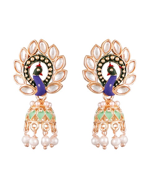 Buy Karatcart Gold Plated Green Stone Studded Peacock Shape Jhumki Earrings  for Women online from Karat Cart