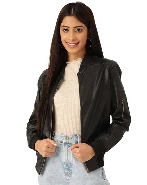 Label Ritu Kumar Black Printed Faux Leather Biker Jacket with Fur for Women