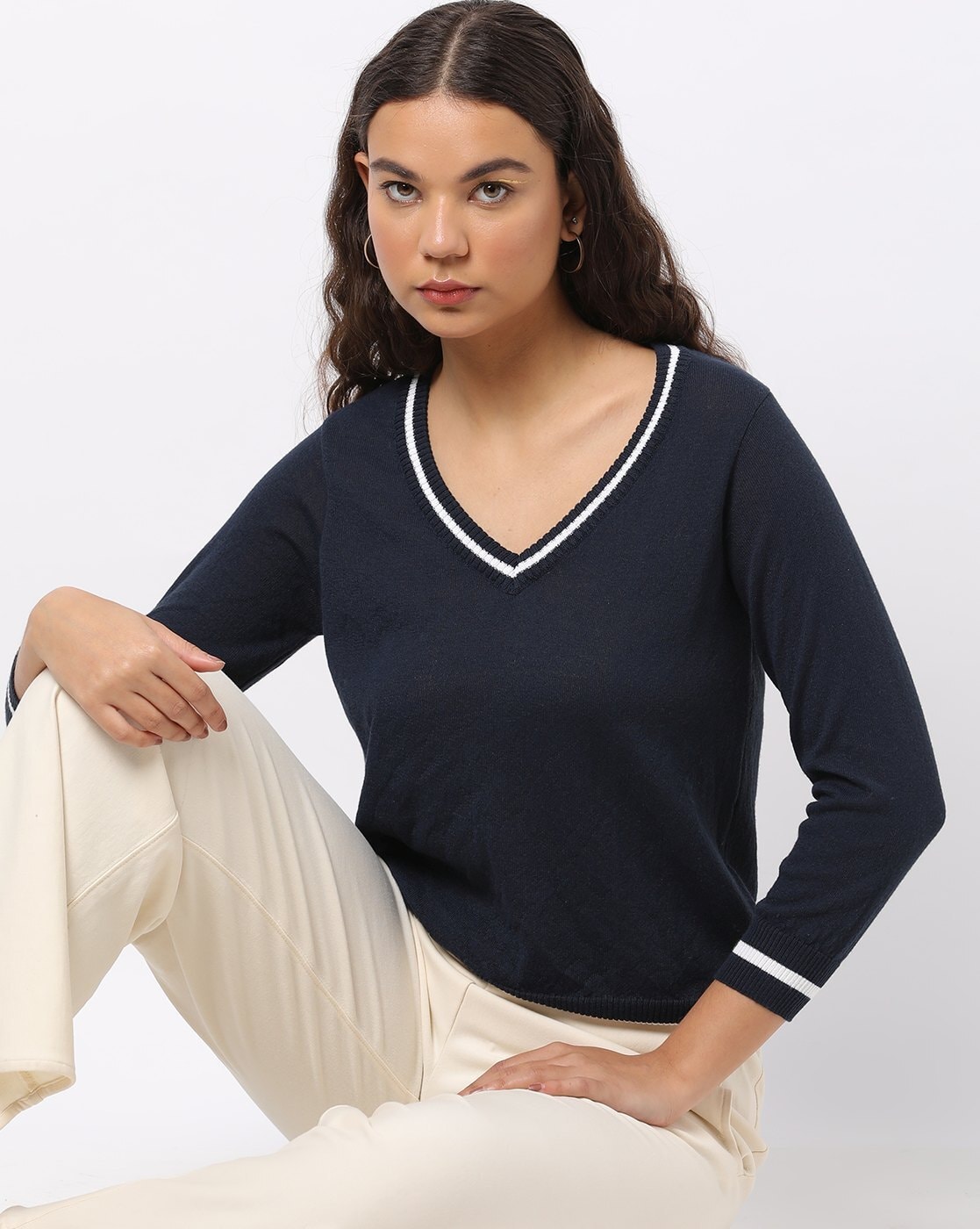 Teamspirit V-Neck Pullover with Contrast Tipping For Women (Navy, XL)