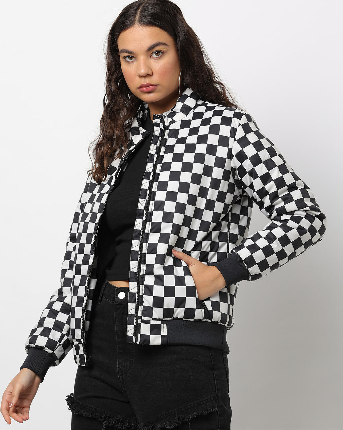 Black and white clearance checkered jacket womens