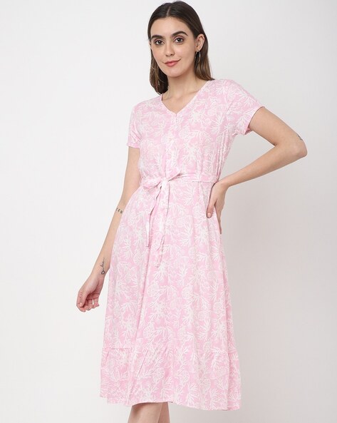 Women Floral Print Fit & Flare Dress with Waist Tie-Up