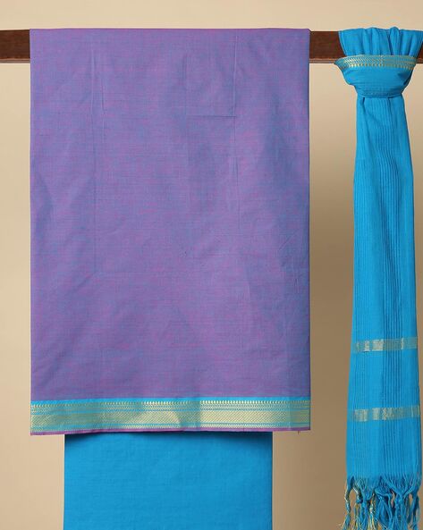 Mangalagiri Cotton 3-piece Dress Material with Zari Border Price in India