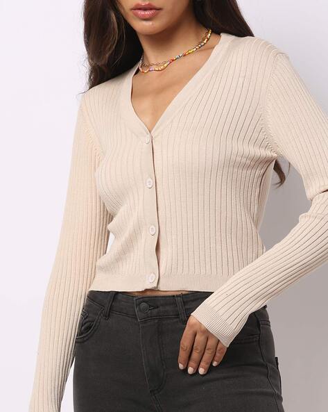 Beige Striped Long Sleeve Ribbed Trim Button Cardigan