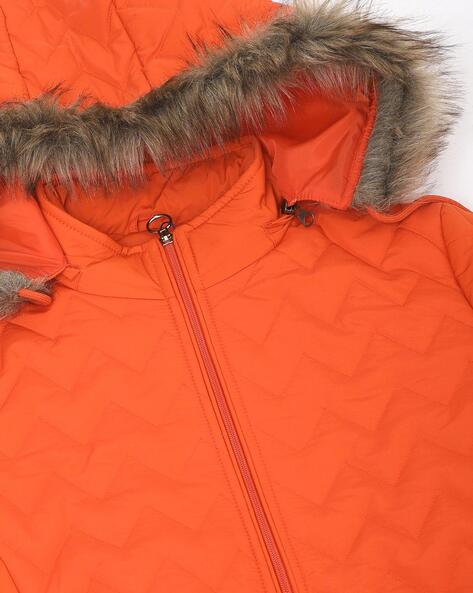 Orange puffer jacket with fur hood sale