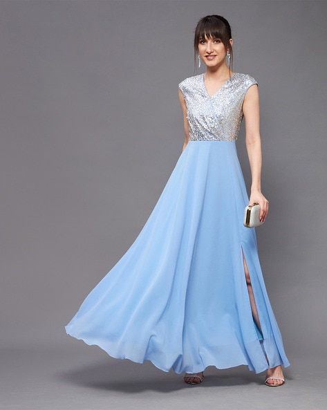 Sky Blue Color Designer Mirror Gown Dress – Designerslehenga